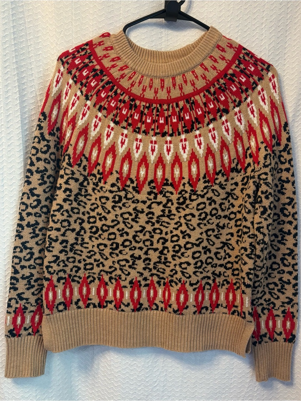 Charter Club Women’s Cheetah Fair Isle Cozy Pullover Sweater. Gold Glimmers  S